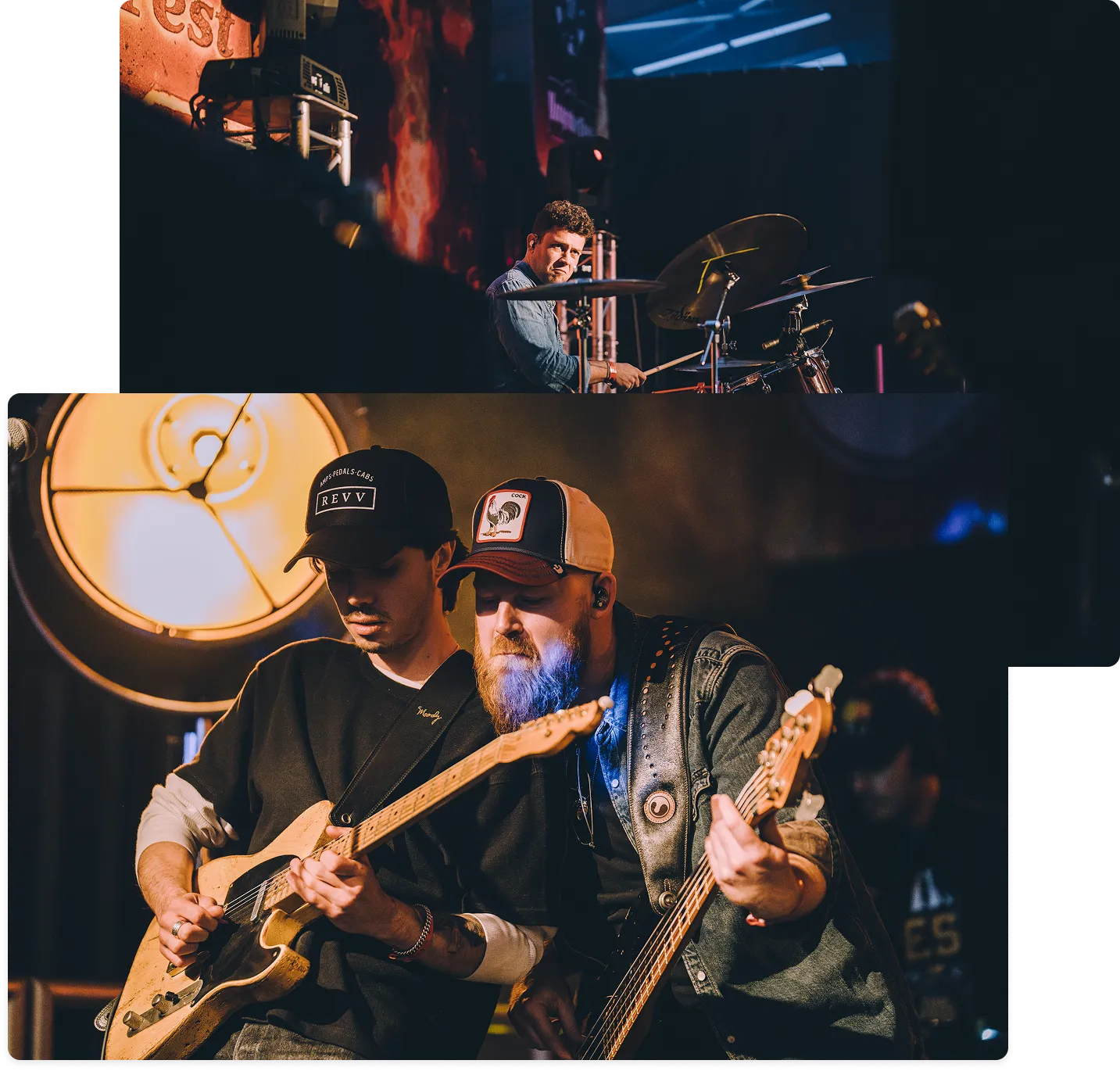 Three musicians performing: a drummer focused on his kit, two guitarists playing closely on stage.