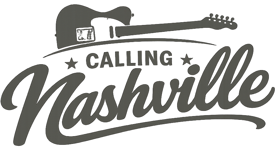 Script word Nashville under a stylized guitar with the word CALLING beneath flanked by stars.