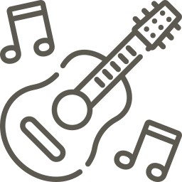 Outline of an acoustic guitar with two musical notes on each side.